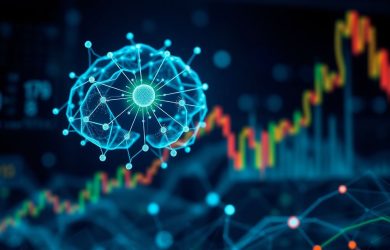 Ilustração da integração entre inteligência artificial generativa e gráficos de trading algorítmico.