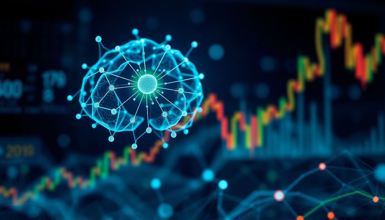 Ilustração da integração entre inteligência artificial generativa e gráficos de trading algorítmico.