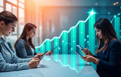 Pessoas usando dispositivos digitais para aumentar seus resultados de marketing com baixo custo.