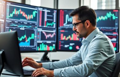 Executivo utilizando inteligência artificial para transformar big data em decisões estratégicas de trading automatizado