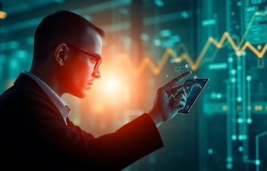 Executivo usando IA generativa para análise de carteiras de investimento com performance superior ao Ibovespa